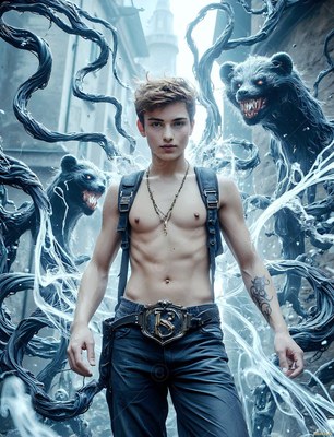 A shirtless younger man stands in a stone alley with smoky black badgers rising behind him