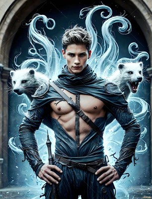 In a stone archway, a bare-chested man stands with two white badgers