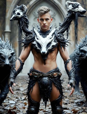 Standing outdoors, a shirtless man wears dark badger armor beside fierce beasts