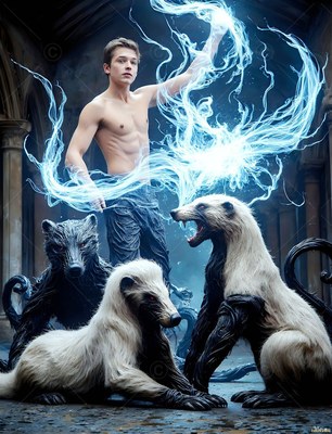 A shirtless young man casts blue light over three badgers in a hall