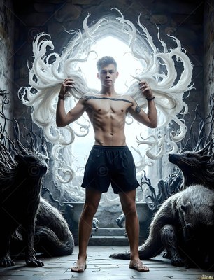 A shirtless man stands holding swirling white wings with badgers in pale light