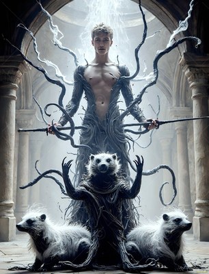 Standing tall in a stone hall, a shirtless man conjures gray root badgers