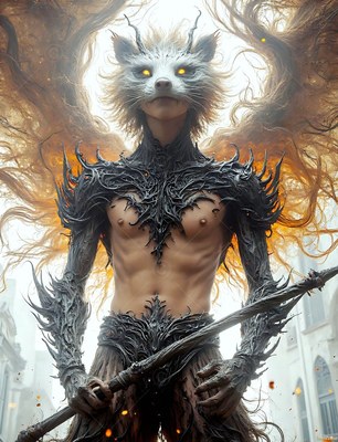 A man with a badger face holds a dark staff outside a castle