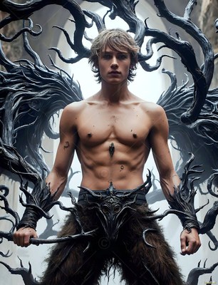 In a stone archway, a shirtless young man stands framed by dark gnarled roots