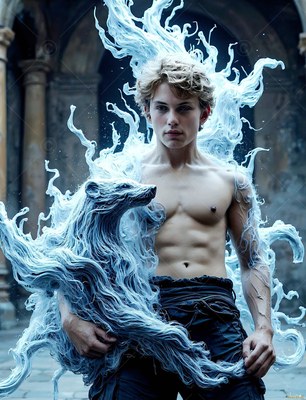 A shirtless younger man grips a badger made of pale blue smoke