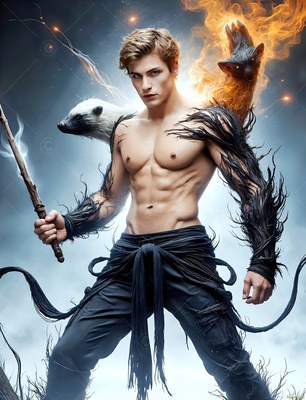 Bare-chested man with feathery black arms holding a staff before stormy gray skies and badgers