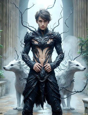 A man in black vine armor stands between two white wolves in cool gray light