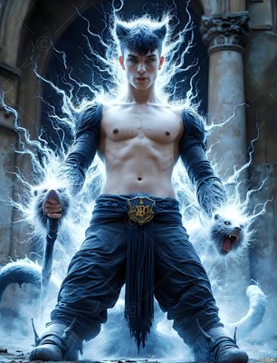 A shirtless youthful man stands in a stone courtyard with white electric energy crackling around him