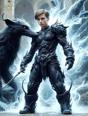 In a stone courtyard, a youthful man in black armor stands beside a dark badger beast
