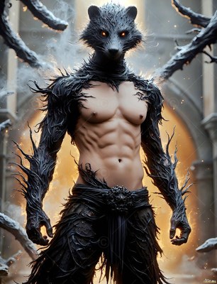 Standing half-transformed, a muscular man with a black badger head poses in stone ruins