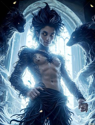 With tangled vine sleeves, a shirtless man stands in an arched stone hall beside smoke badgers