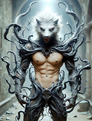 A muscular badger man stands framed by twisting gray vines under cool pale light