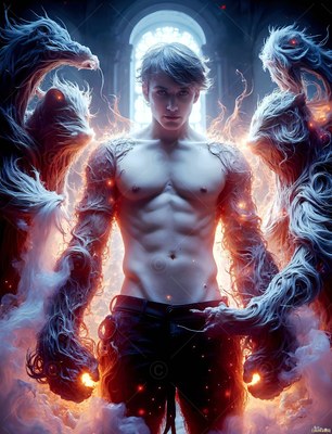 A shirtless young man stands in a hall as white spirit badgers rise around him