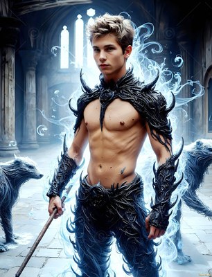 Standing in a stone hall, a shirtless man wears spiky black armor beside spirit animals