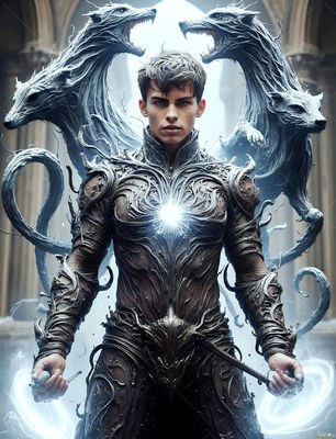 A man in vine-like armor stands flanked by smoky wolves