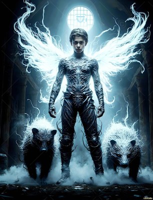 Dark carved armor covers a man standing in a stone hall with two badgers and white smoky wings