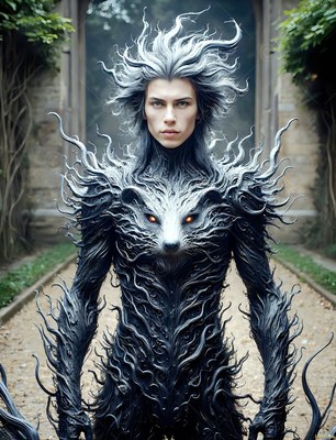 A pale man stands outdoors in dark spiky armor with a badger face under soft gray light