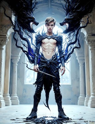 Standing straight in a stone hall, a shirtless man summons black wolf shadows