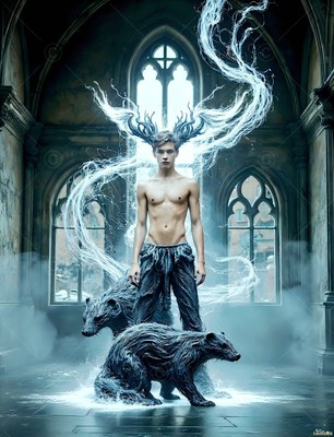 A shirtless man stands in a stone hall beside two badgers made of smoke