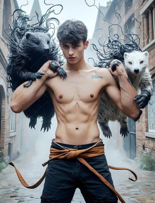 In a foggy alley, a shirtless man in his youth carries two badgers on his shoulders
