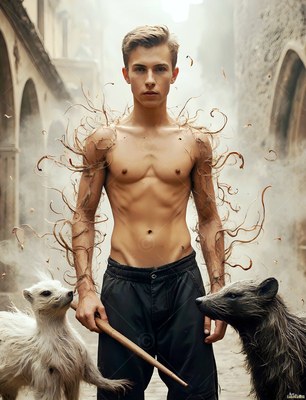 A shirtless young man with a wand stands between two badgers