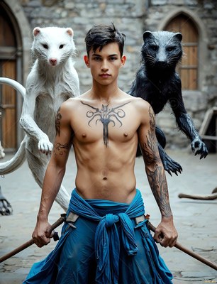 Tattoos across his bare chest, a younger man stands in a stone courtyard flanked by black and white badgers