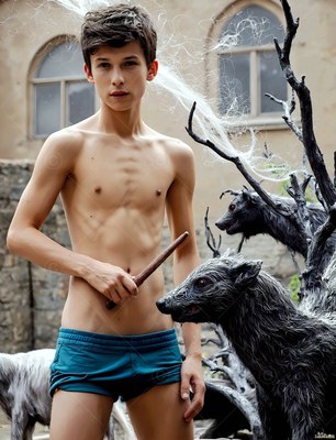 Young man in blue shorts holds a wand near dark badgers