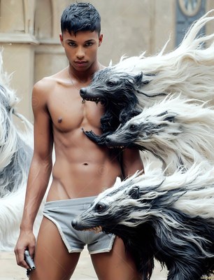 Standing in a stone courtyard, a shirtless man is flanked by leaping badgers