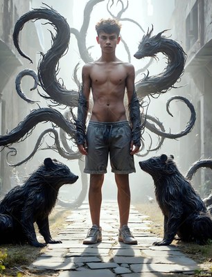 A young man in gray shorts stands between two dark badgers on a stone path