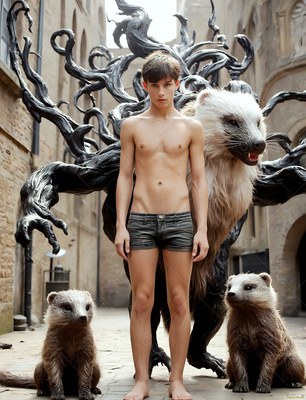In a stone courtyard, a shirtless young man stands beside three badgers