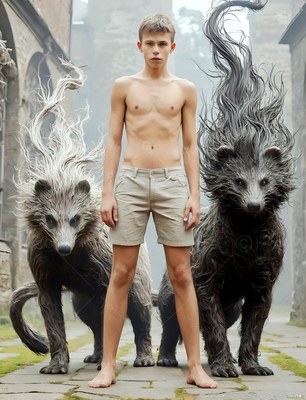 A barefoot youthful man in shorts stands between two hairy gray badgers