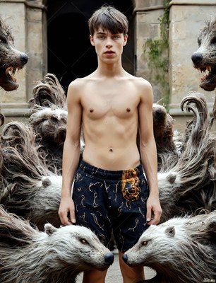 Standing shirtless in a stone courtyard, a slender man is surrounded by gray badgers