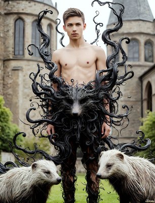 Shirtless young man in black vines flanked by two badgers