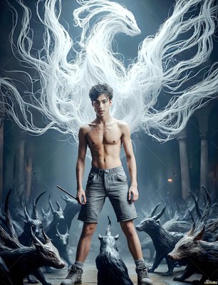 Standing barefoot, a shirtless man poses in a stone hall with horned creatures