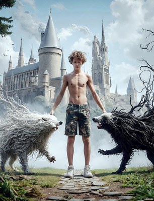 A shirtless youthful man stands outside a castle between a white and a black badger