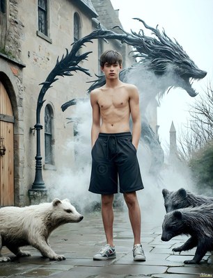In a stone courtyard, a shirtless youthful man stands among small badgers and gray smoke