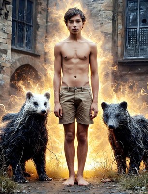 Standing barefoot in front of fire, a shirtless younger man poses between two dark badgers