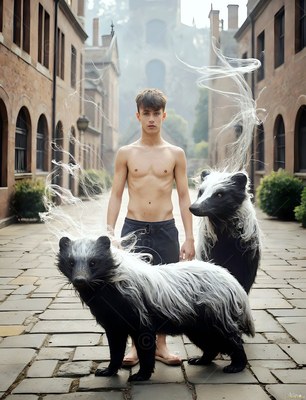 A shirtless man stands between two black and white badgers in overcast gray daylight