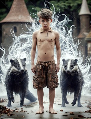 A young shirtless man stands between two badgers with white smoke swirling behind him