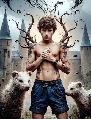 Outside a stone castle, a shirtless young man stands between two small badgers