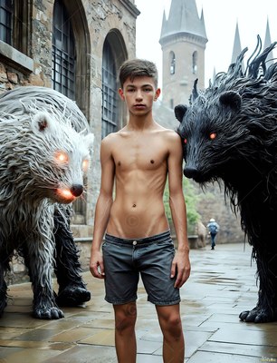 Standing shirtless in gray shorts, a thin man poses between two giant beasts