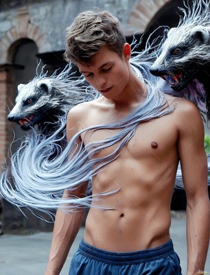 A shirtless man summons two snarling badgers in the soft gray courtyard light