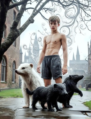 Wearing gray shorts in a damp castle courtyard, a shirtless youthful man stands beside three badgers