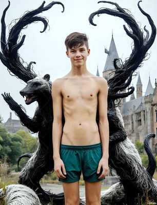 A slender man stands in front of a black badger under a pale overcast sky