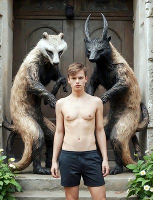 Standing straight before wooden doors, a shirtless man between two tall badgers