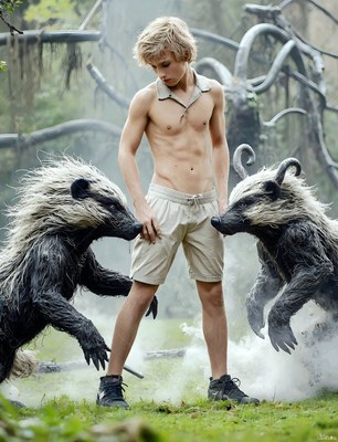 A young shirtless man in beige shorts stands between two rearing badgers outdoors
