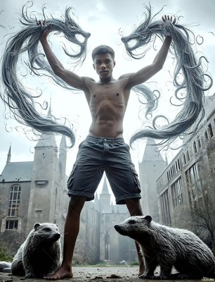 A barefoot man carries long gray wisps near two badgers outside