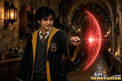 Wearing a yellow-lined robe in a stone hall, a younger man points his wand as a red shield forms