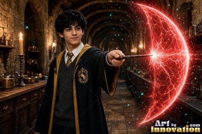A man in his youth casts with a wand in a hall, producing bright red light