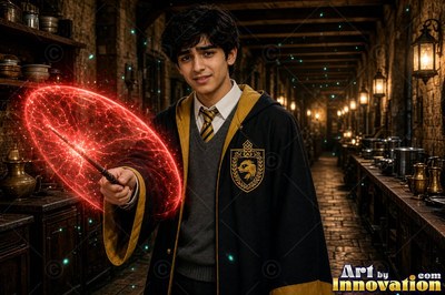 Facing forward in a dim stone hall, a man in his youth points a wand with a red shield